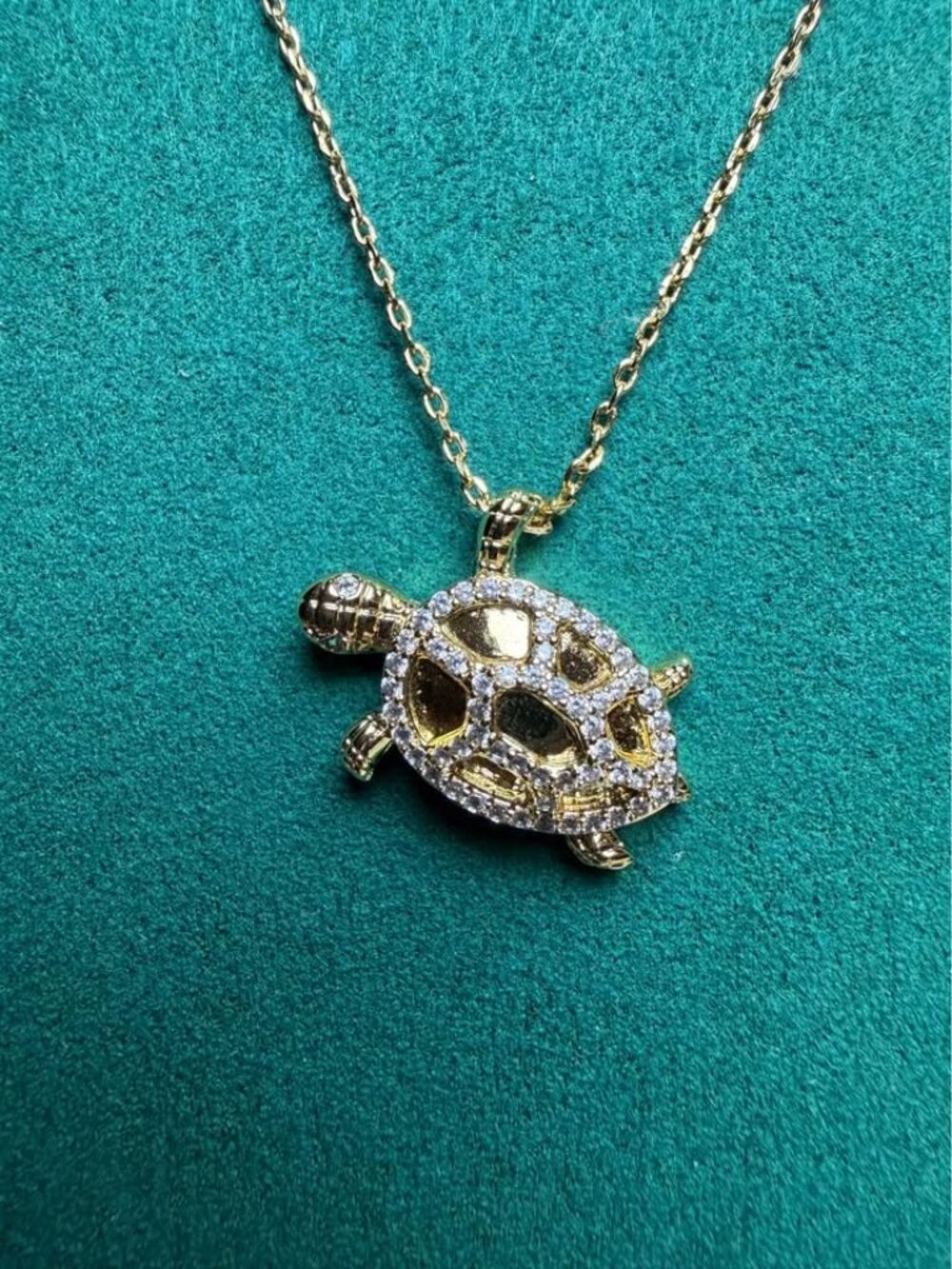 WOMEN's 14K Gold Plated Turtle Pendant Necklace with Clear CZ Stones